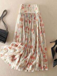 Falda plisada elegante de mujer con estampado floral de doble capa, con lámina de oro, estilo bohemio, adecuada para la playa, vacaciones, todas las estaciones de primavera - Albaricoque - Ver 10