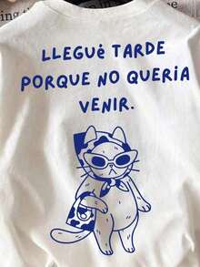 Camiseta Casual de Corte Holgado para Mujer con Estampado de la Frase en Español "Llegué Tarde Porque No Quería Venir", Transpirable y Cómoda, Manga Corta, Cuello Redondo, Estampado de Gato Atrevido, Algodón Suave, Perfecta para Uso Diario y Estilo de Calle o Playa - Blanco 2 - Ver 3
