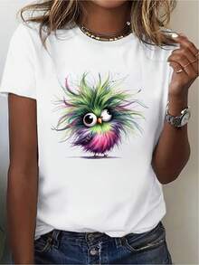 Soft - Funny Birds (31) Women's Lovely Animal Print T-Shirt, Fashionable Casual Outfit, Soft All-Season Crew Neck Casual T-Shirt, Durable Print For Parties And Holidays, Birthday Gift For Adults And Family, Matching Family Outfits - 黑色 - 查看 1