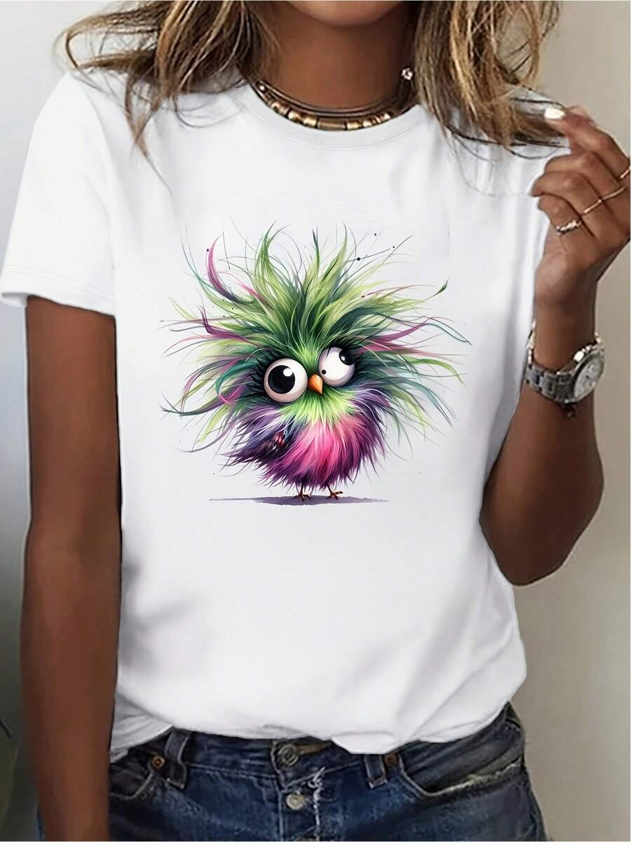 Soft - Funny Birds (31) Women's Lovely Animal Print T-Shirt, Fashionable Casual Outfit, Soft All-Season Crew Neck Casual T-Shirt, Durable Print For Parties And Holidays, Birthday Gift For Adults And Family, Matching Family Outfits - 黑色 - 查看 1