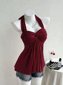 Top de tirantes con estampado de lunares marrones y detalle de nudo en la espalda para mujer, adecuado para verano, vacaciones de primavera, ceremonia de graduación, fiesta de boda, vacaciones elegantes, playa casual, estilo Y2K lindo y sexy y - Burdeos - Ver 5