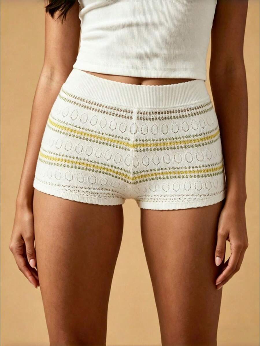 Women's Knit Mini Shorts Elastic Waist Casual Summer Striped Print Cut Out Micro Shorts - Blanco - Ver 1