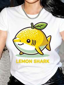 New Arrivals For Summer. Women's Lemon Shark Graphic T-Shirt - 100% Cotton, Short Sleeve, Crew Neck, Casual Style With Cartoon Print, Black And Yellow Design For Summer And Spring, Machine Washable, Fun Print T-Shirt, Comfortable Fit Blouse, Beautiful T-Shirt. - 白色 - 查看 10