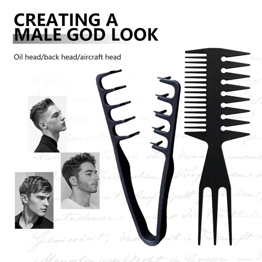 MASTERLEE 2pcs Textured Styling Brush Set, Multi-Functional Pomade 3-Prong Styling Hair Brush, Korean Curly Hair Styling Product, Unisex Hair Styling Accessory 2-Piece Set, Brush To Create Hair Texture, Suitable For All Hair Types, Great For Achieving Soft Korean Voluminous Effect, Fluffy Bangs - Black - View 1