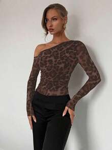 Body de manga larga con hombros transparentes y estampado de leopardo para mujer - Café integral - Ver 3