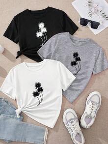 Conjunto de ropa de verano para mujer 2026, no es un conjunto de 3 piezas, elegante y casual, camiseta de una sola pieza con estampado floral, diseño de cuello redondo y corte ajustado, adecuada para todas las estaciones. - Blanco - Ver 7