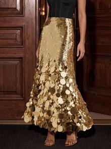 Savoree Fashionable Gold Sequined Long Skirt For Parties, Christmas - Gold - View 1
