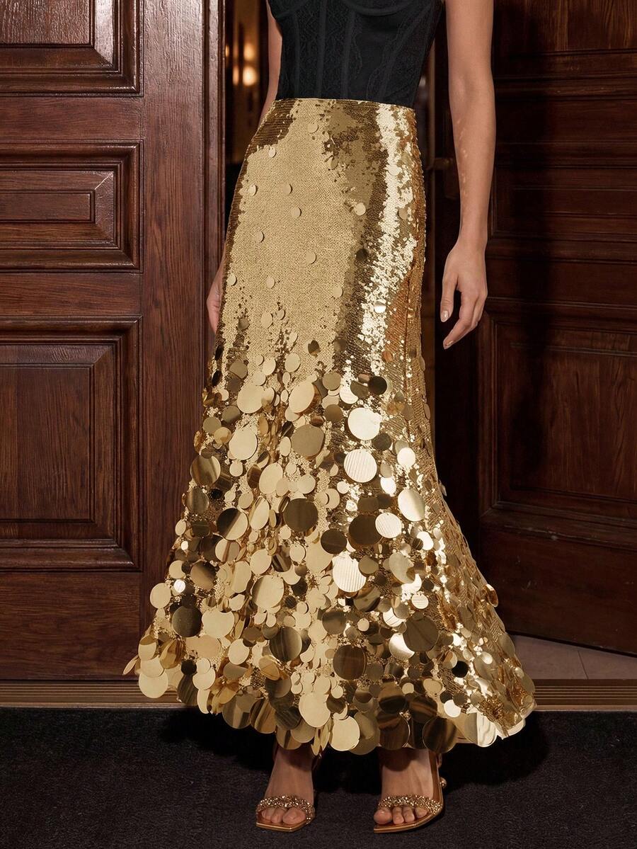 Savoree Fashionable Gold Sequined Long Skirt For Parties, Christmas - Gold - View 1