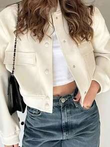 Plain Coat, Round Neck, Single-Breasted, Long Sleeves, Versatile, Spring 2026 - Apricot - View 6