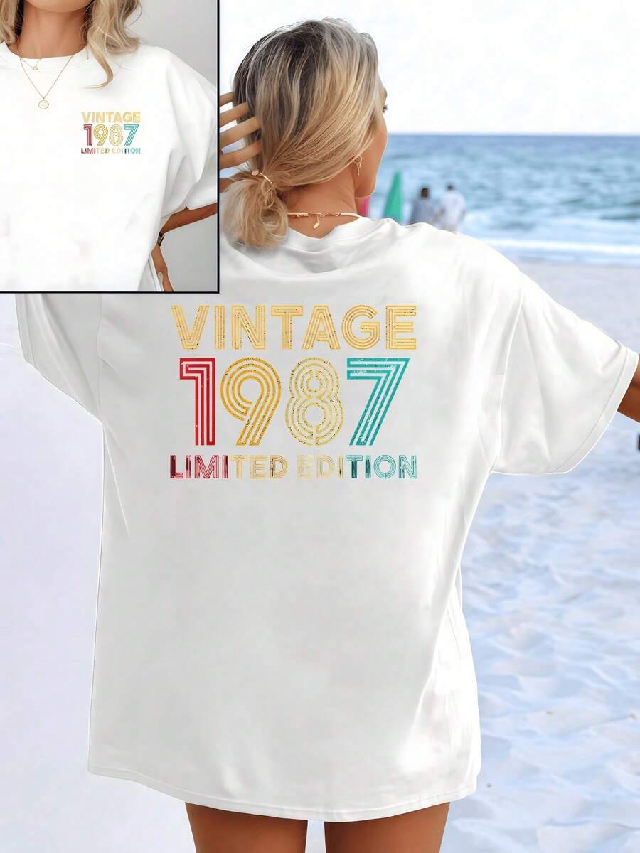 Retro Text With Vibrant Colors And Numbers Evoking The Year 1987, Showcasing A Limited Edition That Symbolizes Nostalgia And The Free Spirit Of Sunny Days. Modern Double-Sided Women's T-Shirt For Summer - 白色 - 查看 1