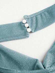 corto de camisola de punto metálico con lentejuelas para mujer, top sexy de espalda descubierta y ajustado al Body - Niebla azul - Ver 3
