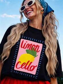 Summer Tops: Summer Limoncello Lemon Graphic T-Shirt For Women, Casual, Drop Shoulder, Short Sleeve, Loose Fit, 2 Colors, Cotton. - Black - View 5