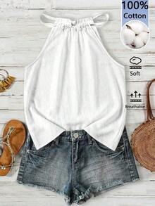 Camiseta de tirantes con cuello halter con estampado floral pequeño, adecuada para primavera y verano - Blanco 2 - Ver 1