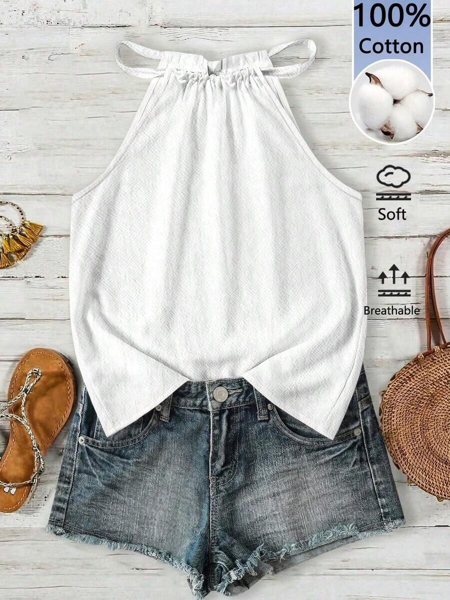 Camiseta de tirantes con cuello halter con estampado floral pequeño, adecuada para primavera y verano - Blanco 2 - Ver 1