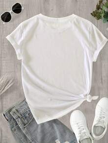 Camiseta Mujer Manga Corta Cuello Redondo, Estampado Verde y Dorado, Corte Regular, Tela Suave Transpirable, Lavable a Máquina, Ropa Primavera Verano 2. - Blanco - Ver 2