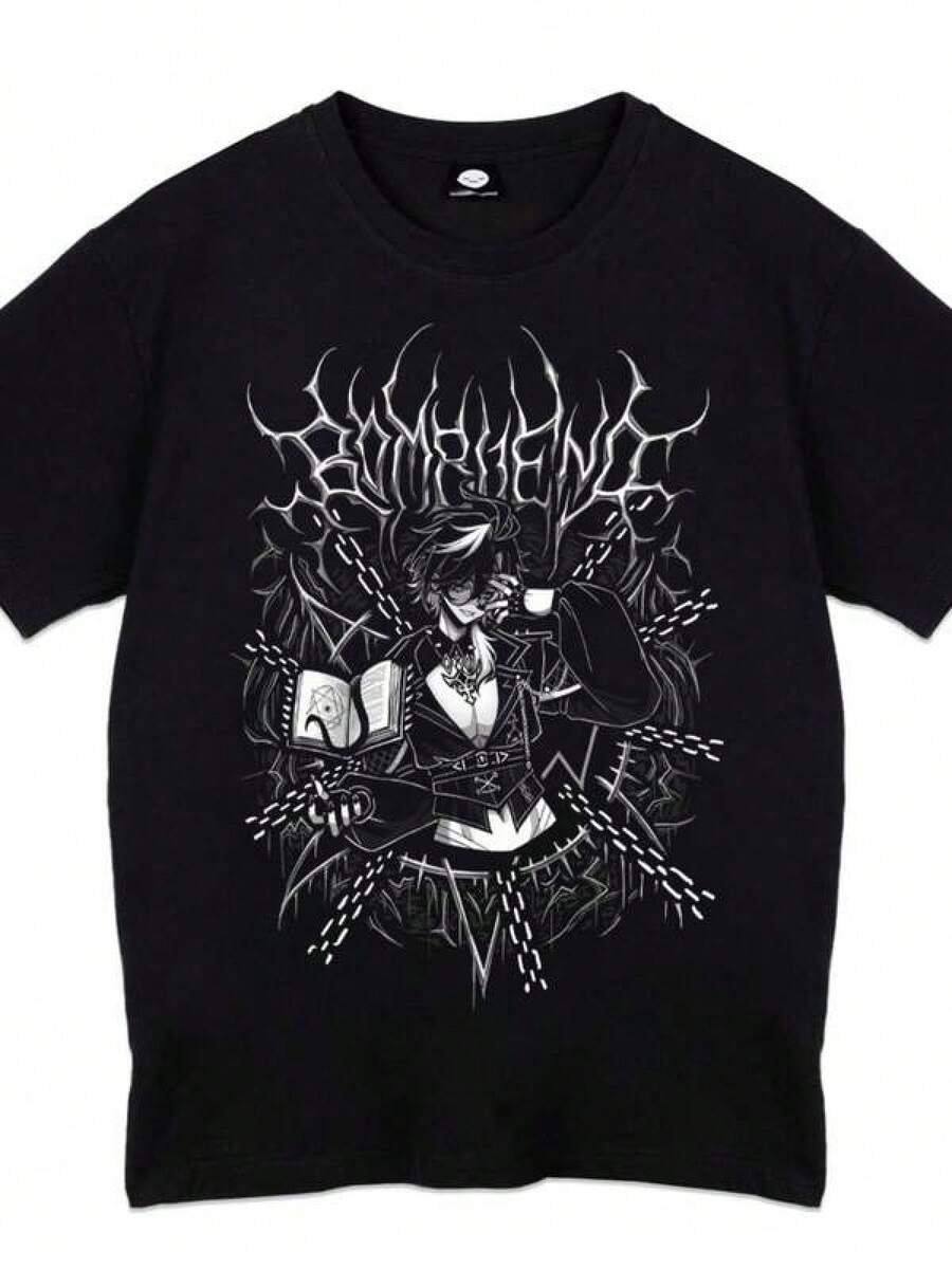 Unisex Black T-Shirt With Geometric Print, Short Sleeves And Round Neck, Casual Style, Machine Washable, Comfortable For All Seasons, Rosario Grim Grimoire Short Sleeve Round Neck T-Shirt For Enthusiasts And Everyday Use, Christmas Gift For Friends. - 黑色 - 查看 1