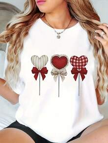 Plus Size Women's Casual Sports T-Shirt With Candy Heart Appliqué, Round Neck, Comfortable And Loose Fit, 95% Polyester 5% Elastane, Medium Stretch Knit Fabric, 180g/M², Spring/Summer/Autumn Fashion - 白色 - 查看 1
