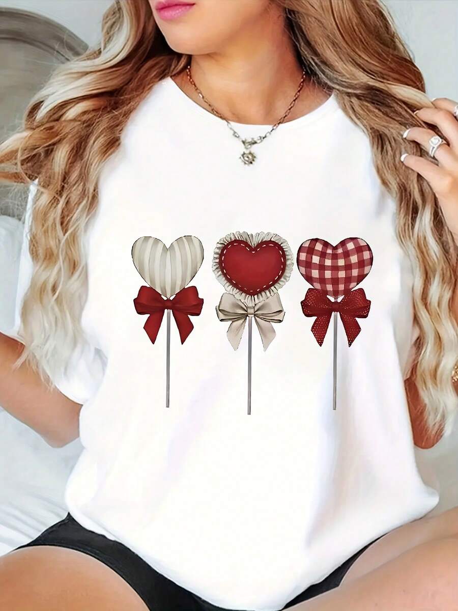 Plus Size Women's Casual Sports T-Shirt With Candy Heart Appliqué, Round Neck, Comfortable And Loose Fit, 95% Polyester 5% Elastane, Medium Stretch Knit Fabric, 180g/M², Spring/Summer/Autumn Fashion - 白色 - 查看 1