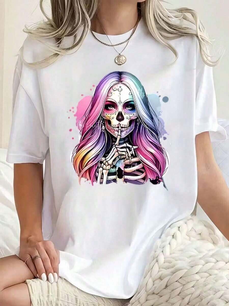Women's Plus Size Graphic T-Shirt - Stretch Knit Sweater With Crew Neck And Short Sleeves - Casual And Party Wear, Machine Washable, Urban Style, Breathable Material, Modern Blouse For Young Adult Women, Casual Graphic Print Art Loose Fit Crew Neck Short Sleeve Spring Summer Everyday Wear T-Shirt - 白色的 - 查看 1