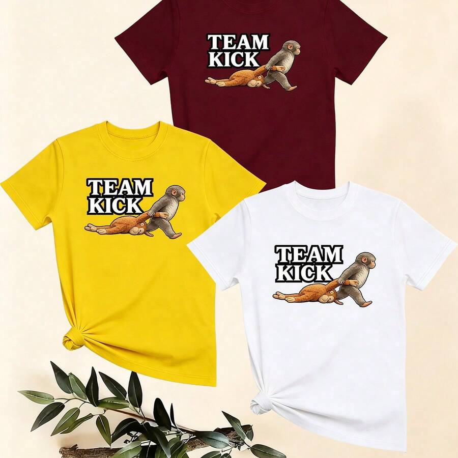Women's T-Shirts, Women's T-Shirts, Casual One-Piece TEAM KICK Monkey Print T-Shirt, Comfortable And Breathable Round Neck Top, And Versatile Short Sleeve Set. - 1件白色隨機圖案 - 查看 1