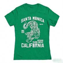 Women's Loose-Fitting Pure Cotton Santa Monica Tiger Print T-Shirt - Unisex Urban Vintage Style, Short Sleeve, Round Neck. - 綠色 - 查看 7