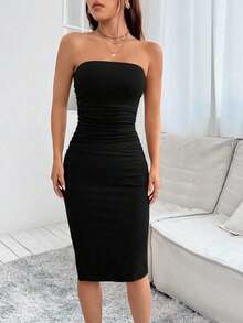Vestido corto de verano ajustado tipo tubo con abertura lateral - Negro - Ver 7