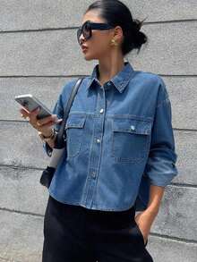 Chaqueta corta de mezclilla para mujer, nueva blusa de camisa de mezclilla versátil de manga larga para mujer - Azul lavado oscuro - Ver 1