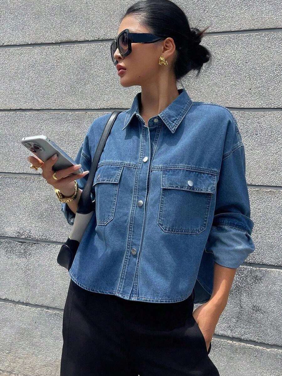 Chaqueta corta de mezclilla para mujer, nueva blusa de camisa de mezclilla versátil de manga larga para mujer - Azul lavado oscuro - Ver 1