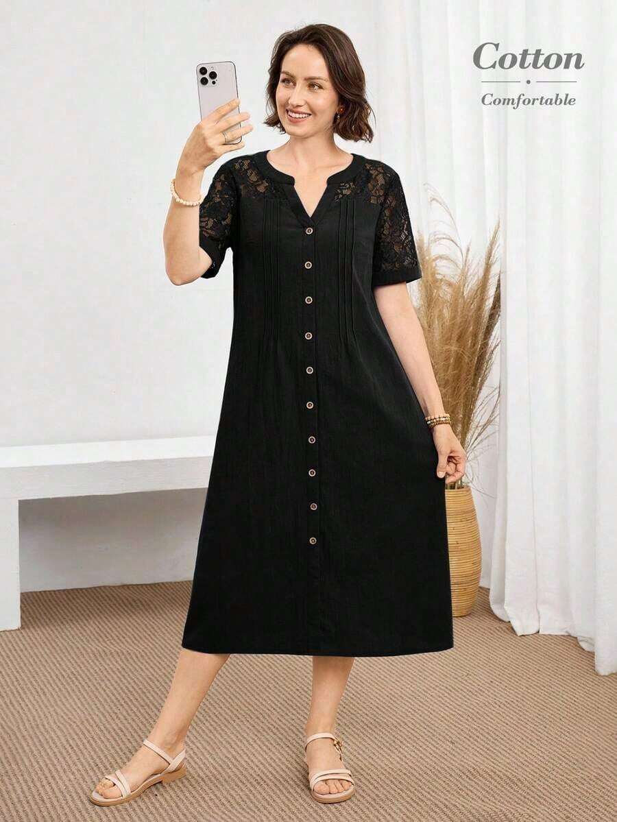 Vestido casual diario de encaje y parches para mujer, primavera y verano - Negro - Ver 1