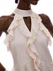 Elegant Solid Color Halter Top With Ruffles For Women - 貝斯 - 查看 6
