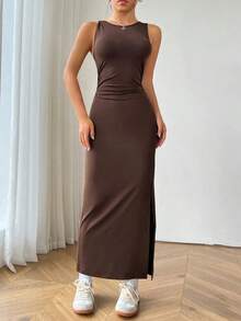 Vestido de Mujer Sencillo de unicolor sin Mangas y Abertura - Marrón - Ver 4
