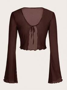 Top de malla con mangas acampanadas, abertura frontal con nudo, y ribete de lechuga.Top casual de mujer de ajuste regular, con cuello en V, mangas acampanadas con volante, y efecto colorblock en negro.Prenda de mujer sencilla para primavera/o - Café integral - Ver 2