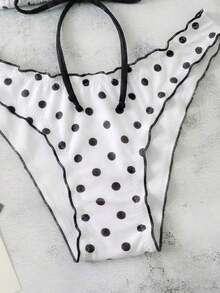 Conjunto de bikini de dos piezas con estampado de lunares, camiseta con lazo sexy y traje de baño para vacaciones en la playa para mujer - Blanco y Negro - Ver 6