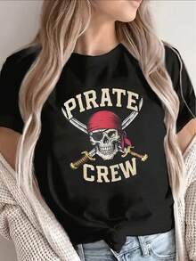 Lightweight And Durable Short-Sleeved T-Shirt With A Striking Graphic Design, Perfect For Casual Outings At Home, Eating Out, Or Going To The Beach - Pirate Crew Skull T-Shirt - 黑色 - 查看 1