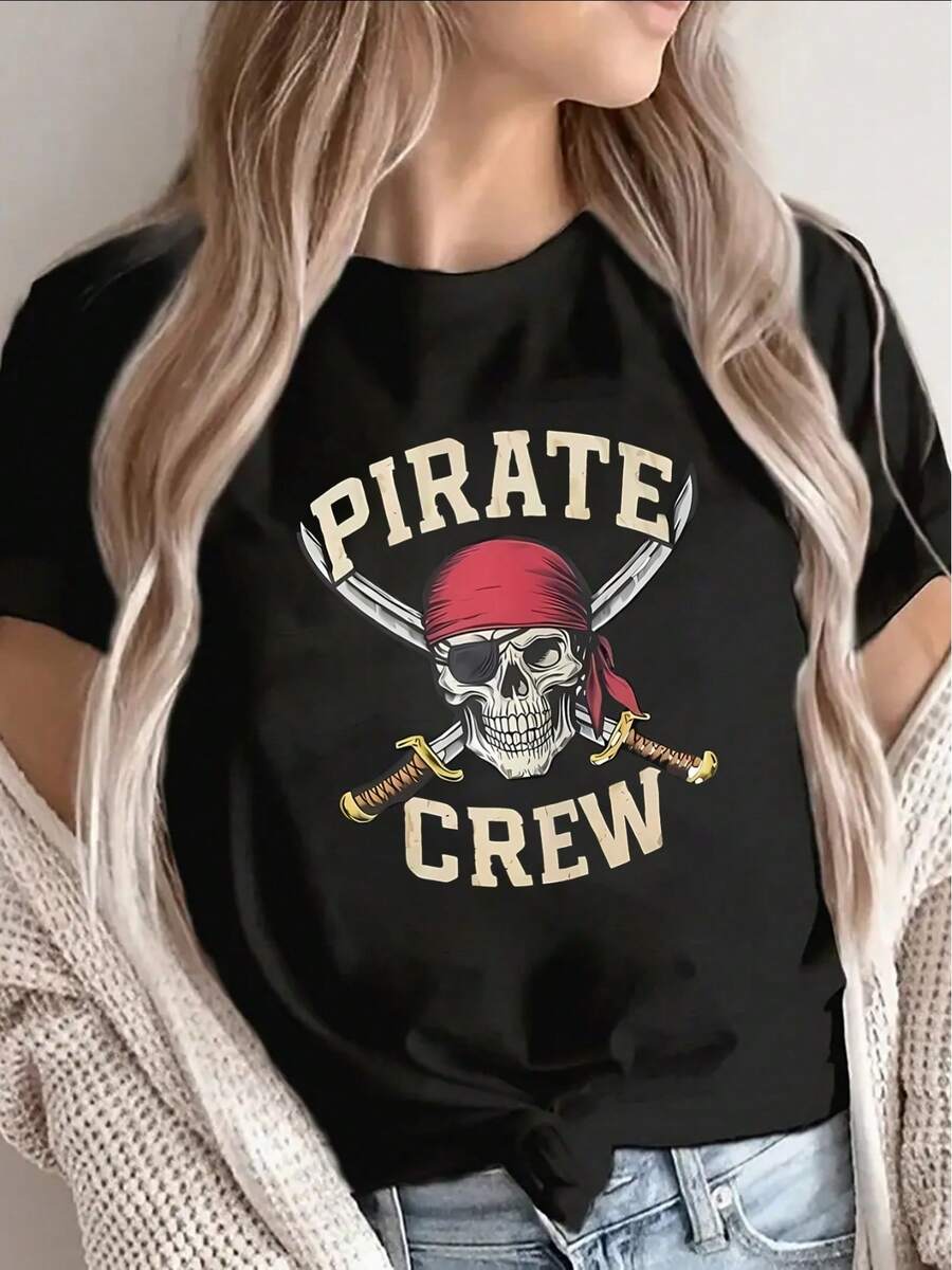 Lightweight And Durable Short-Sleeved T-Shirt With A Striking Graphic Design, Perfect For Casual Outings At Home, Eating Out, Or Going To The Beach - Pirate Crew Skull T-Shirt - 黑色 - 查看 1