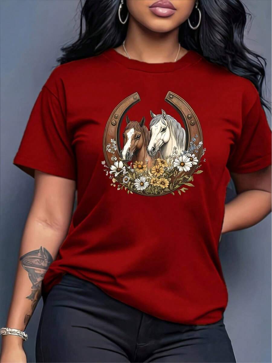 Women's Plus Size Floral And Horse Graphic T-Shirt - Elegant Two Horse Design In Black, Soft And Stretchy Crew Neck, Casual And Formal Outfits For Everyday Wear - Machine Washable Women's Tops (Sizes) - Perfect For The Office, Parties, Vacations, Horse Gifts, Holiday Wear, Non-See-Through Material, Party Outfit, Comfortable Fit, Elegant Blouse, Office Ladies, 100% - 紅色的 - 查看 1