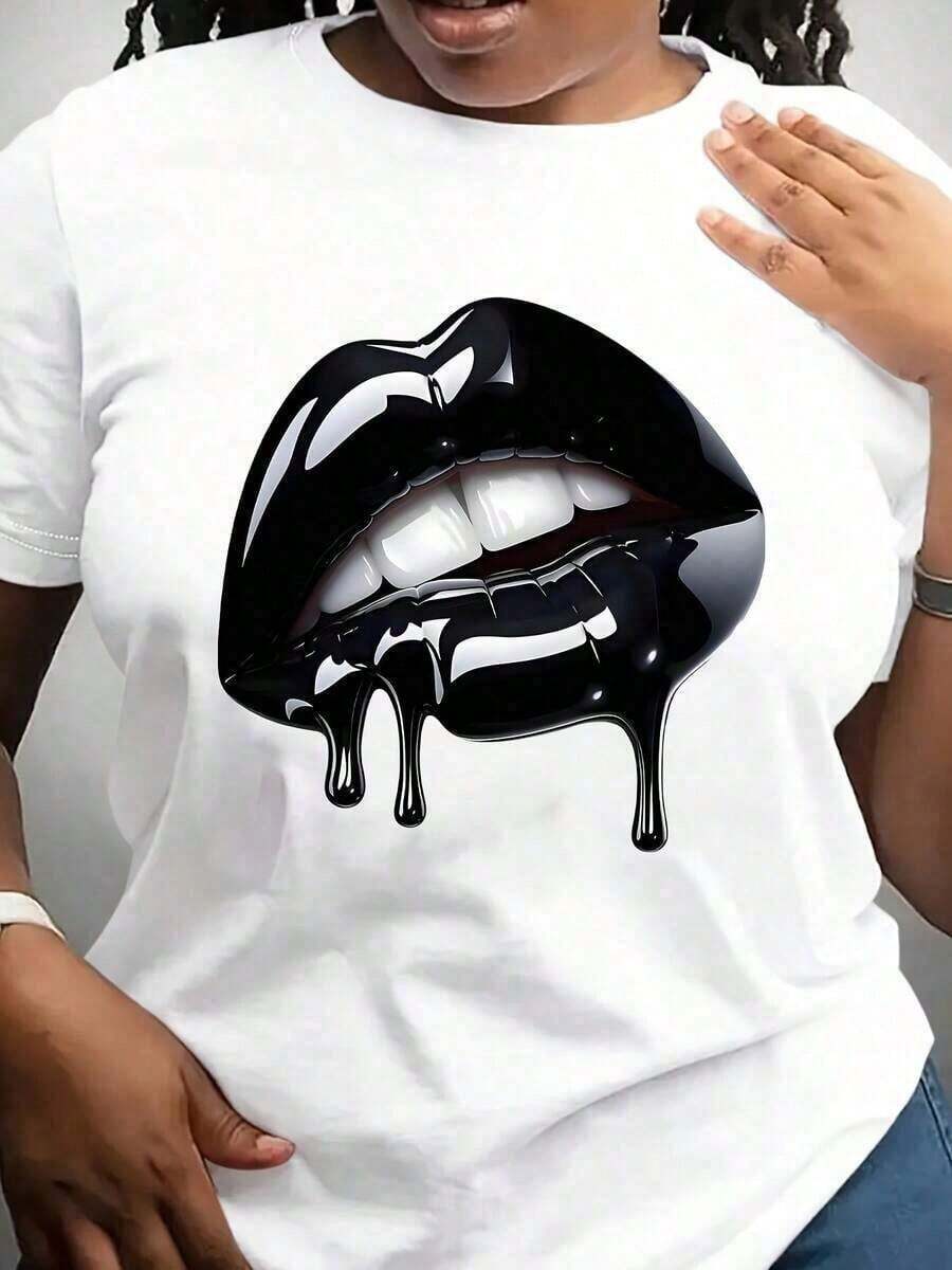 Plus Size T-Shirt For Women With Lip Print - Glossy Lips Design, Breathable Crew Neck, Short Sleeve, Casual Style, Suitable For All Seasons, Ideal For Casual And Bold Outfits, Versatile Basic T-Shirt To Wear Layered Or Alone - 白色 - 查看 1