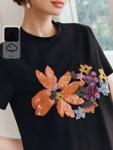 1 Piece Of Elegant Women's T-Shirt, 94% Cotton, Minimalist, Casual For Everyday Wear, Short Sleeve, Round Neck, Adorned With Sequin Embroidery, Black Color, 180g, 100% Cotton. - 黑色 - 查看 3