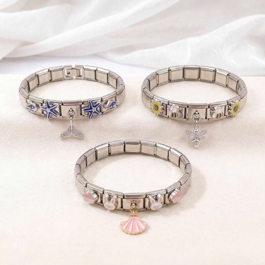 1 chiếc vòng tay mô-đun thời trang Ý, họa tiết vỏ sò biển mùa hè, cá nhiệt đới, bướm, ong và côn trùng, thích hợp cho kỳ nghỉ, làm quà tặng hoặc đeo hàng ngày. - Nhiều màu - Xem 1
