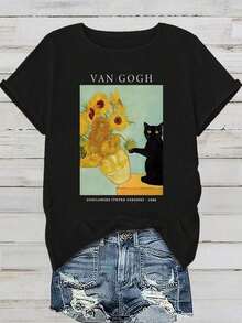 Women's Casual Polyester T-Shirt With Van Gogh, Sunflower, And Cat Graphic | Crew Neck, Short Sleeves | Machine Wash | Comfortable Fit For All Seasons | Vibrant Digital Print T-Shirt For Casual Wear | Pure-Cotton - 黑色 - 查看 1