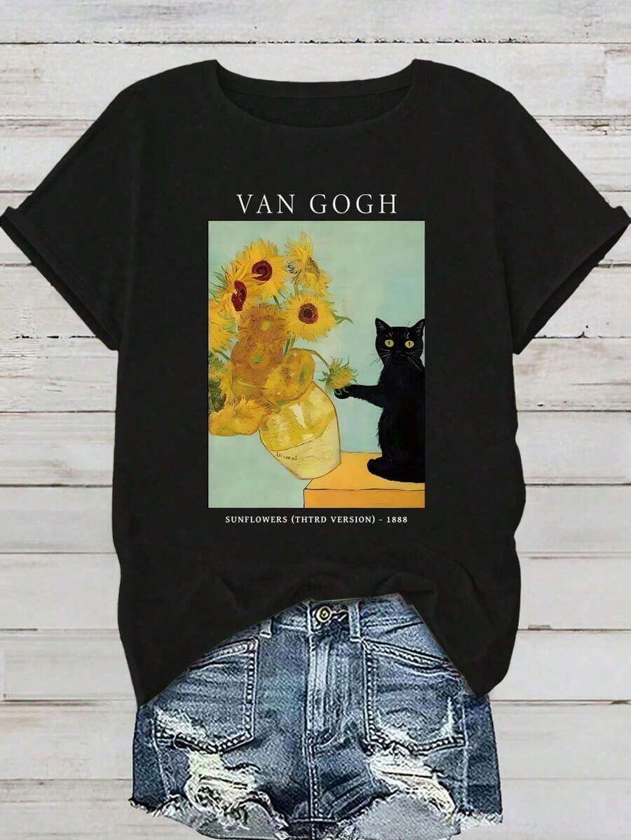 Women's Casual Polyester T-Shirt With Van Gogh, Sunflower, And Cat Graphic | Crew Neck, Short Sleeves | Machine Wash | Comfortable Fit For All Seasons | Vibrant Digital Print T-Shirt For Casual Wear | Pure-Cotton - 黑色 - 查看 1