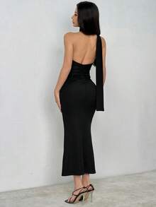 Vestido ajustado de cuello de halter y espalda descubierta - Negro - Ver 2