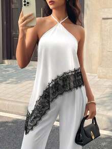 Camiseta de tirantes finos y sin mangas casual y sexy para mujer, camisola de satén con bajo asimétrico de malla, adecuada para citas nocturnas, vacaciones, despedidas de soltero y fiestas de cumpleaños en verano - Blanco - Ver 6