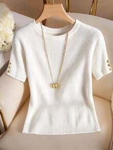 Elegante camiseta de punto de cuello redondo, top de punto minimalista de moda, primavera/verano - Blanco - Ver 5