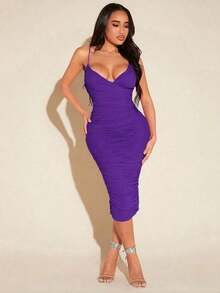 Vestido de punto de corte en V profundo con tirantes finos y ajustado hasta la rodilla para mujer - Morado - Ver 3