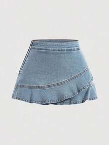 Women's Asymmetrical Hem Denim Skirt With Ruffle Trim - Negro - Ver 5