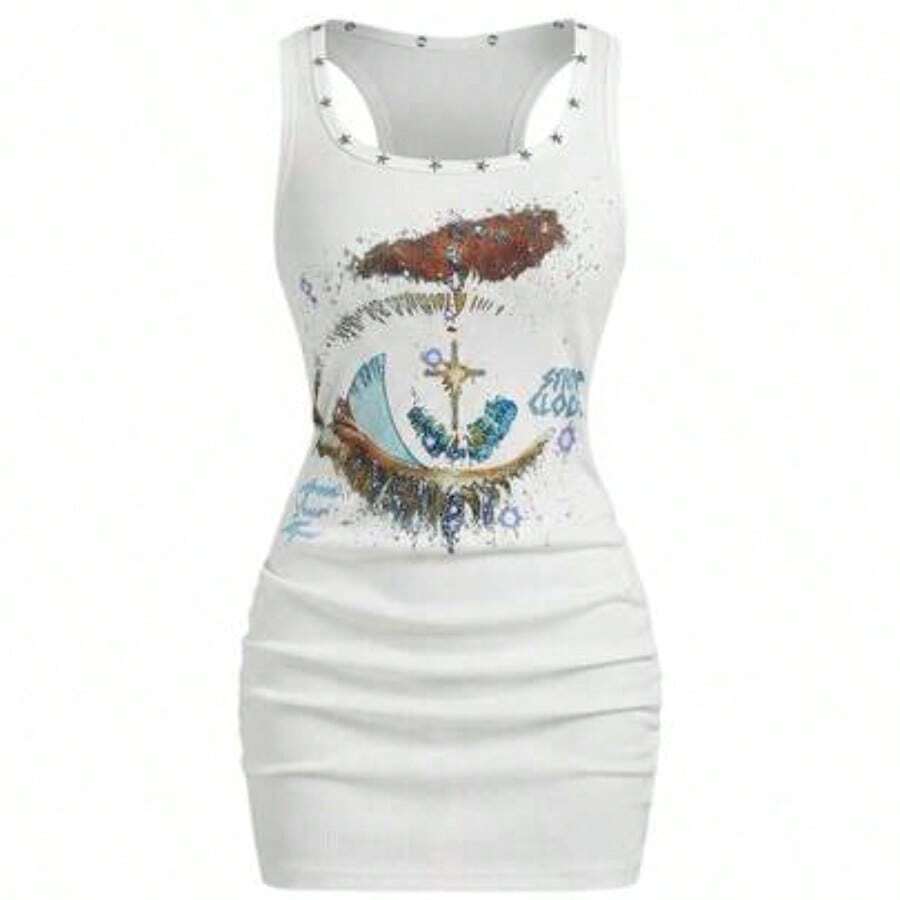 ROMWE Grunge Punk Women's Retro Baddie Unisex Streetwear Casual Star & Rivet Print Bodycon Mini Dress - Blanco - Ver 1