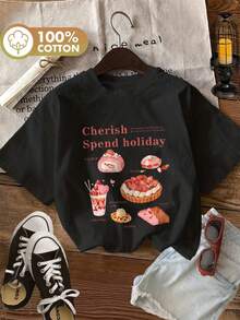 Estilo Dulce para Amantes, Postre, Vacaciones. Disfruta de tus Días Libres con esta Camiseta Holgada de Manga Corta y Cuello Redondo para Mujer - Negro - Ver 6
