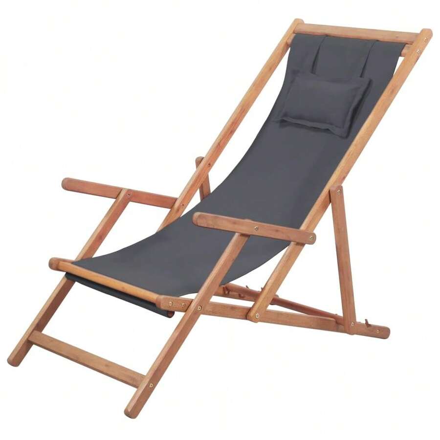 vidaXL Solid Eucalyptus Wood Beach Chair, Folding Lounger, Folding Chair, Beach Lounger, Garden Lounger, Sun Lounger, Folding Lounger, Camping Chair, Fabric Grey - Grey - View 1