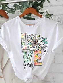 Soft, Breathable, And Lightweight For All-Day Comfort. This Casual T-Shirt Features A Daisy Love Print, A Crew Neck, Short Sleeves, And A Slightly Stretchy Design, Making It Suitable For Women. The Classic Neckline And Relaxed Fit Flatter All Body Types And Are Easy To Pair With Jeans, Shorts, And Leggings. - 白色 - 查看 1